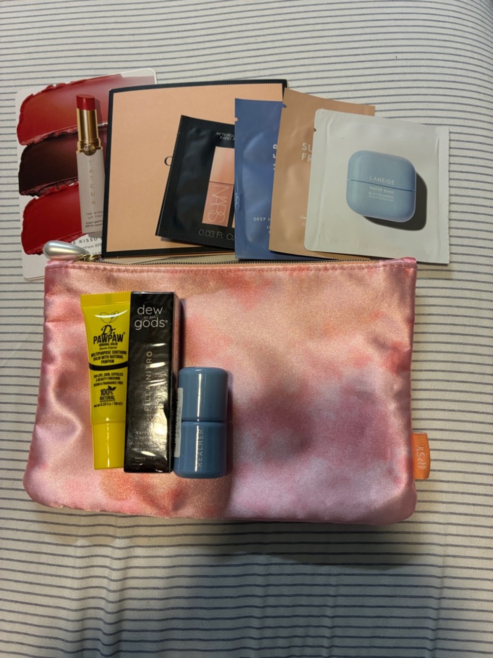 Pink Satin Cosmetic Bag with Assorted Skincare & Lip Samples